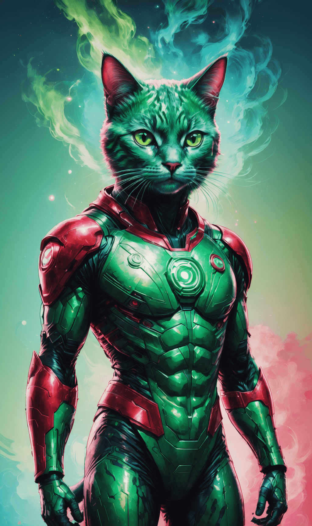 AI generated: full body portrait of a Cat in green lantern suit, in the style of light sky-blue and crimson, digit...