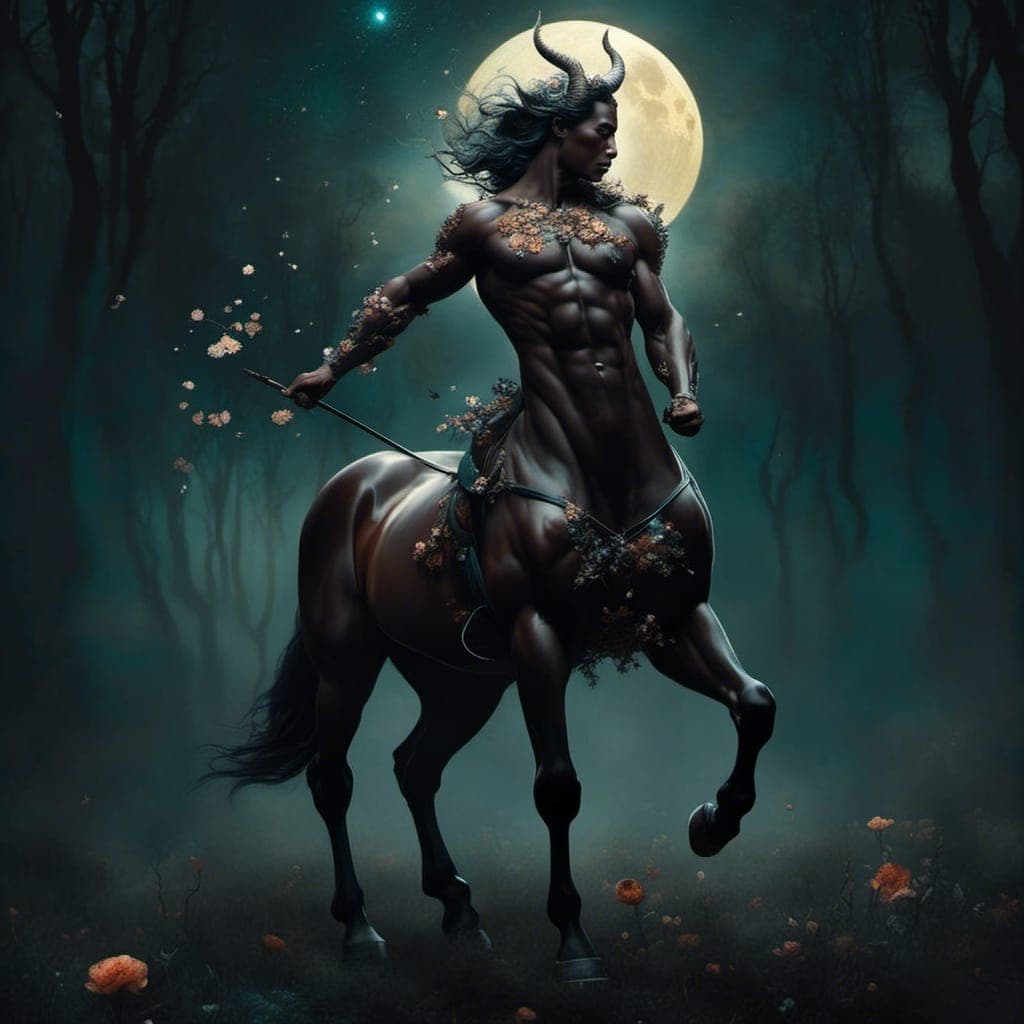 AI generated: "<lora:The Centaur:1.0> Chiron the vampire centaur what I By Alexander Jansson and Jean Baptiste Mon...