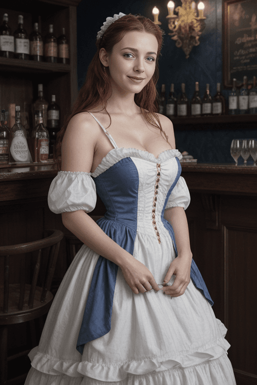 AI generated: 1girl, (Blake Lively:0.5 | Ana de Armas:0.6), (Colonial style bar wench), (long messy red hair), (Co...