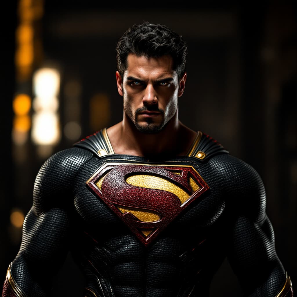 AI generated: Henry Cavil as a muscular Sentry from marvel comic , in a black, dark red and gold  skin suit withou...
