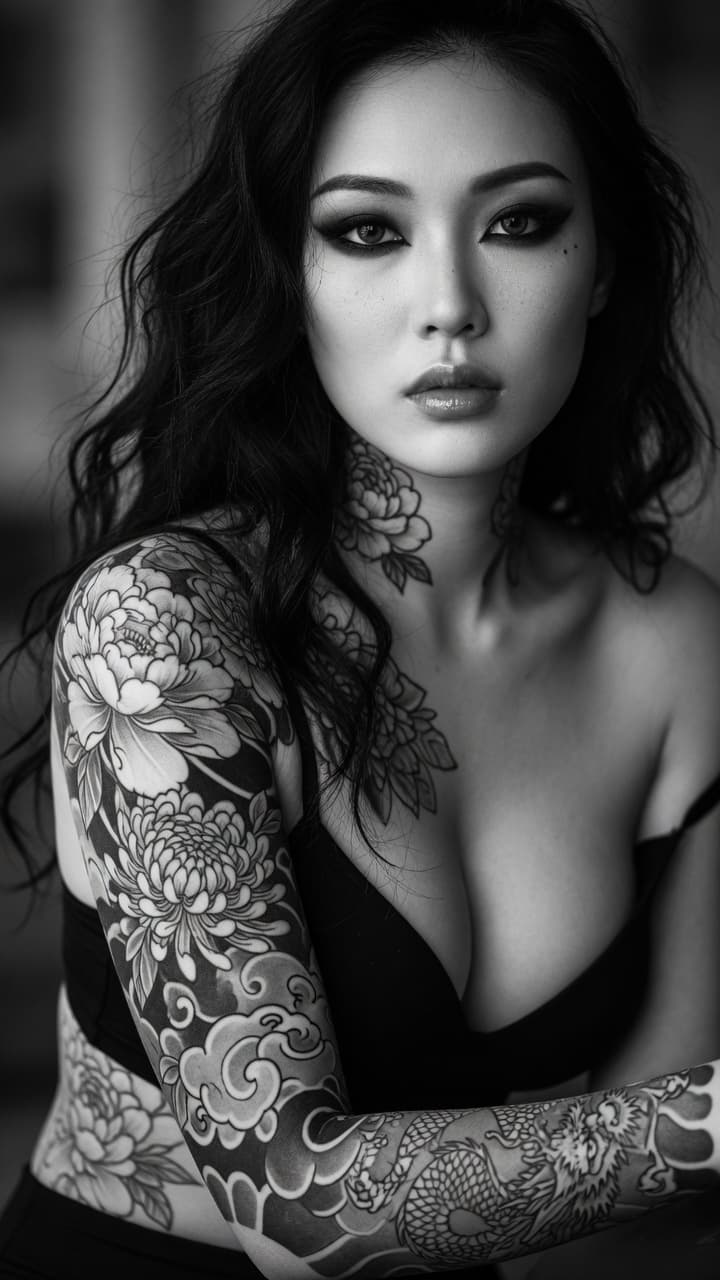 AI generated: A stunning ultra-realistic black and white fashion magazine portrait of a beautiful young East Asian...