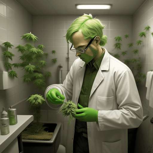 AI generated: a radioactive chemist making marijuana flowers in a small bathroom full of marijuana plants