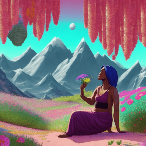 AI generated: 30 year old trans women in a bakini on an alien planet smelling flowers with mountains and tarain