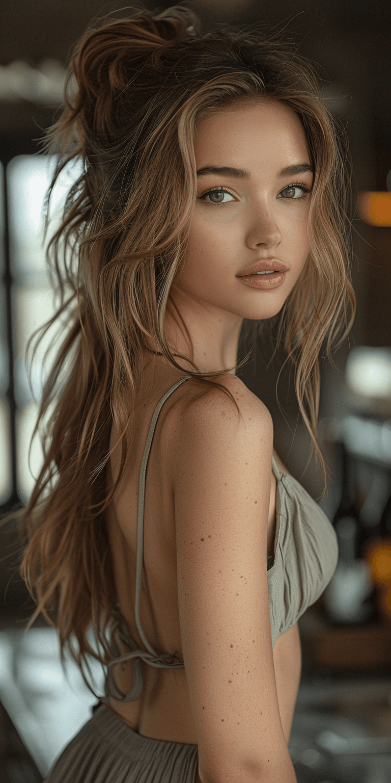 AI generated: celebrity portrait of a beautiful woman with long light brown hair, wearing a backless outfit, looki...