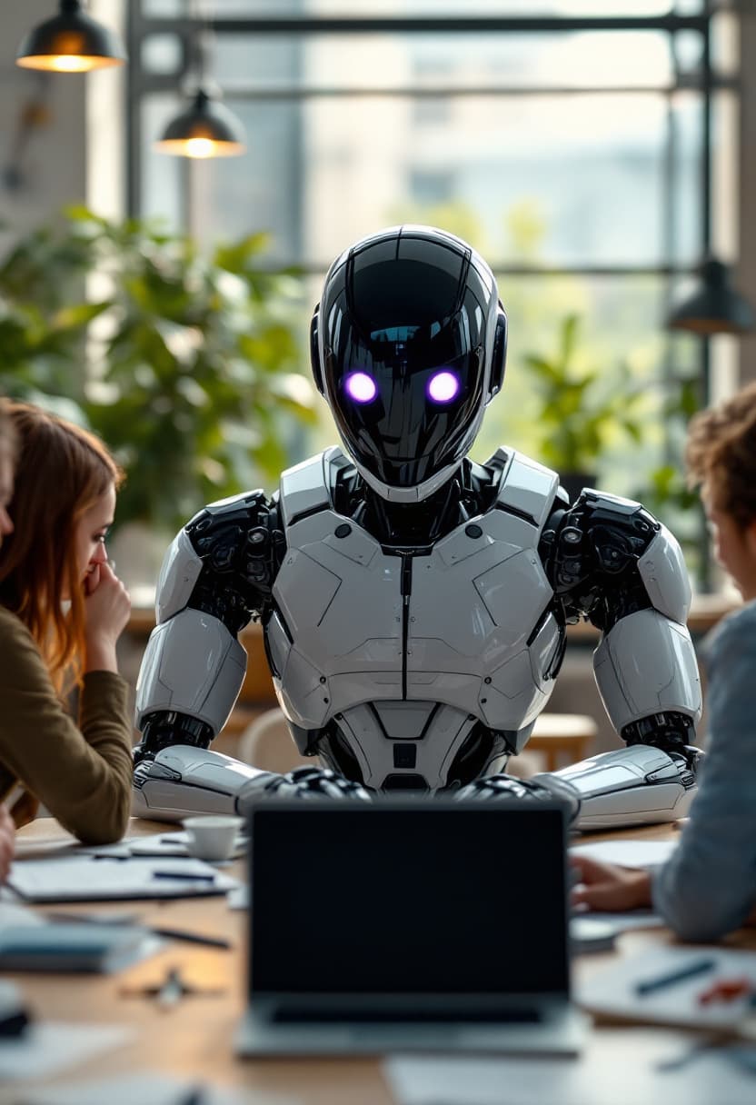 AI generated: A highly detailed cinematic shot capturing a humanoid robot from the knees up, with a reflective, do...