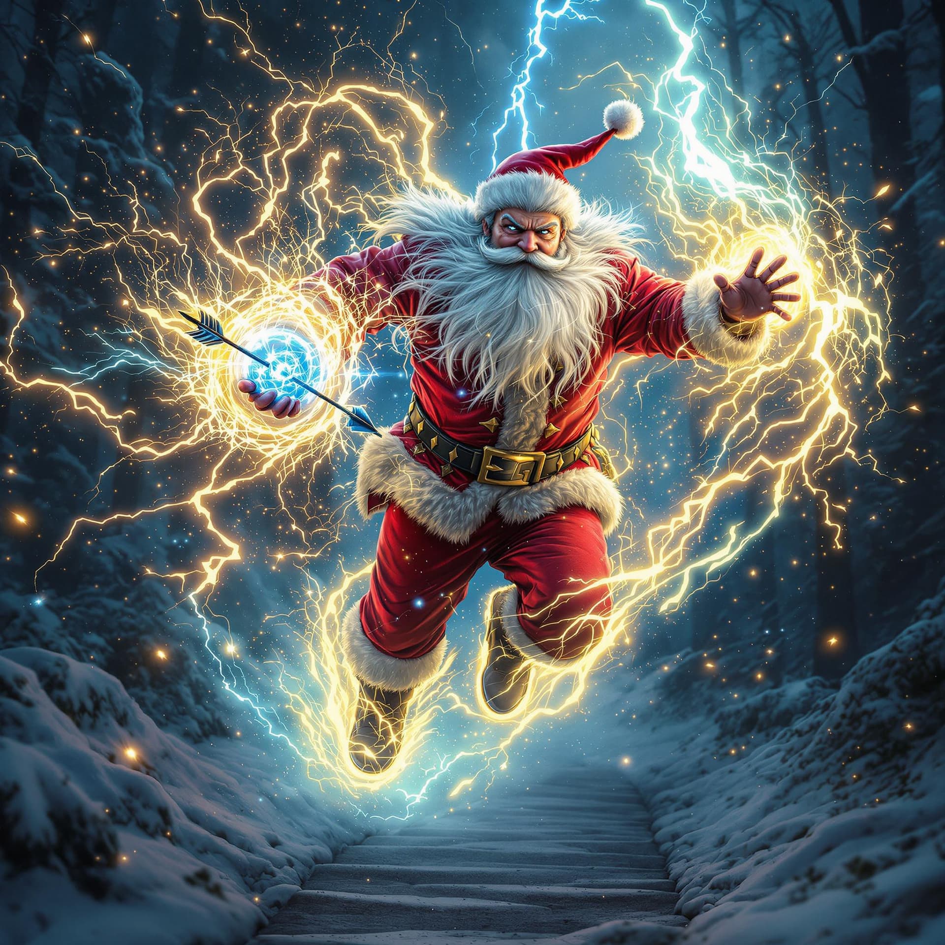 AI generated: russian uncle frost wearing red rocker clothes is depicted in an action pose, swirling thunder and l...