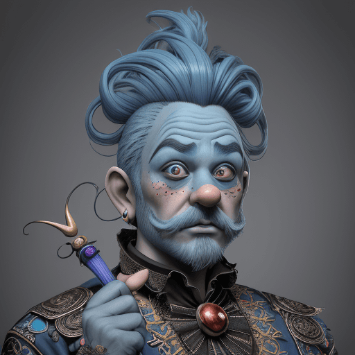 AI generated: a 40 years old man with blue hair and an ornate clothing, in the style of dynamic and exaggerated fa...