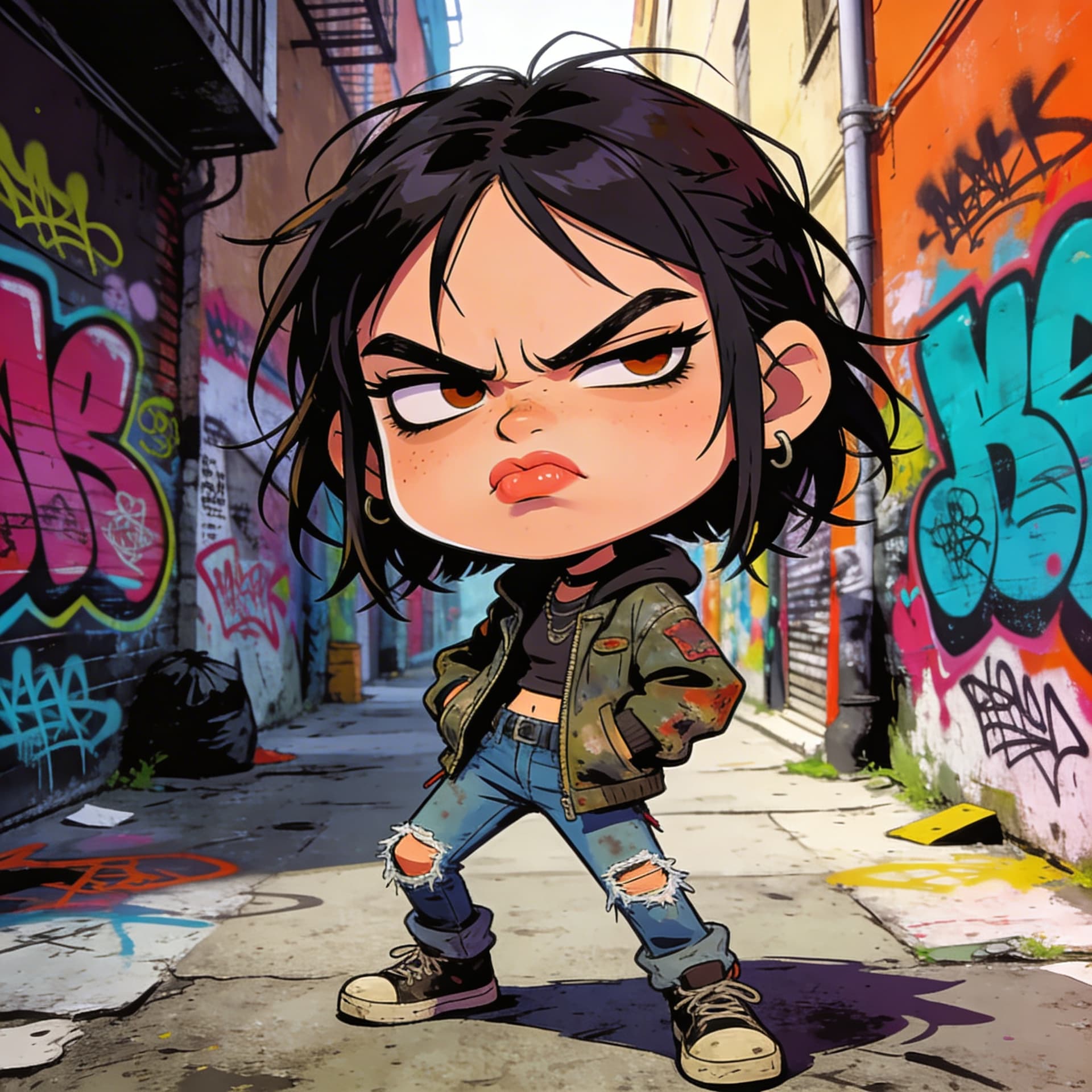 AI generated: funny caricature,grumpy urban girl,17 years old,scruffy,streetwise,annoyed,girl with an oversized he...