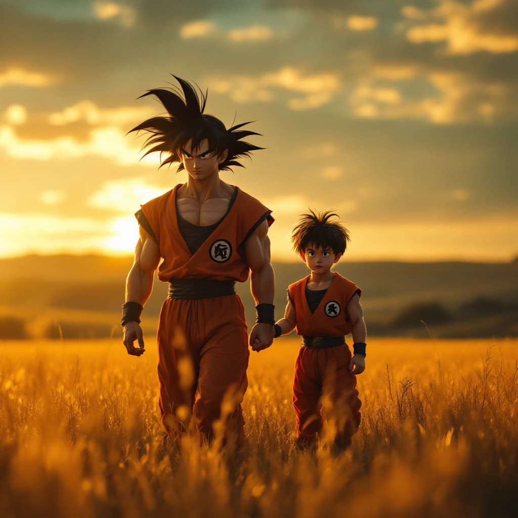 AI generated: Two Warriors, One Destiny

In a wide, golden field at dusk, the sun sets behind two legendary figure...