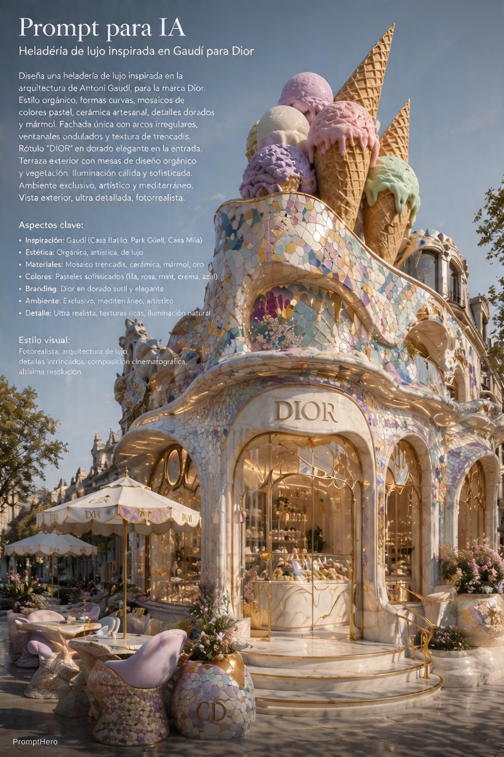 AI generated: Heladería de lujo inspirada en la arquitectura de Antoni Gaudí, diseñada para una marca de alta moda...