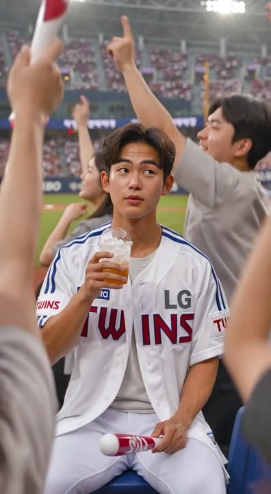 AI generated video: Create an ultra-realistic candid KBO baseball broadcast screenshot of the same man accidentally caug...