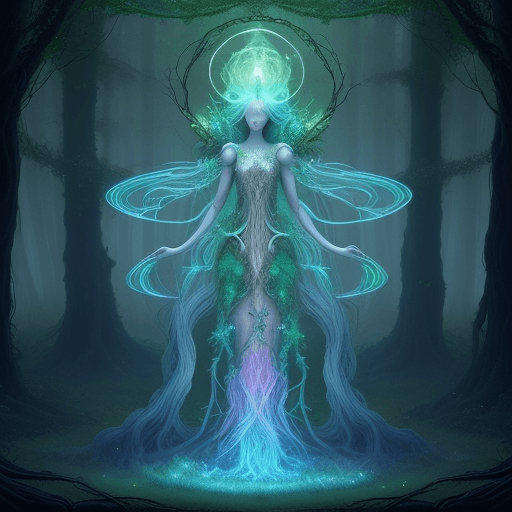 AI generated: 
A towering forest guardian, ethereal and surreal, with iridescent flora weaving through its form. I...
