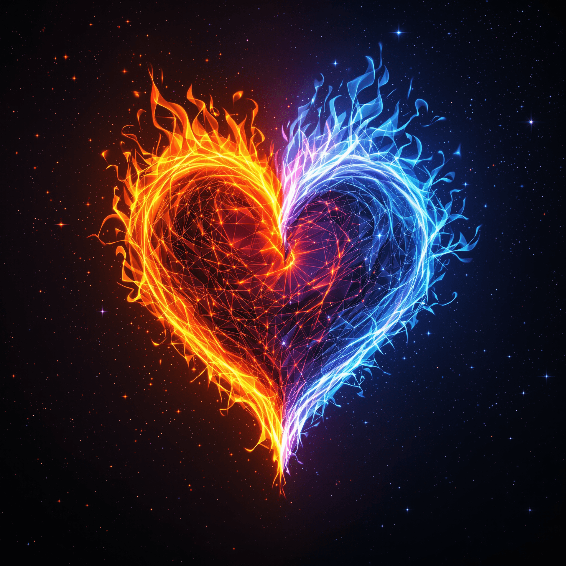 AI generated: mystic heart in the universe made from two different flames. unreal animation of heart symbolism lov...
