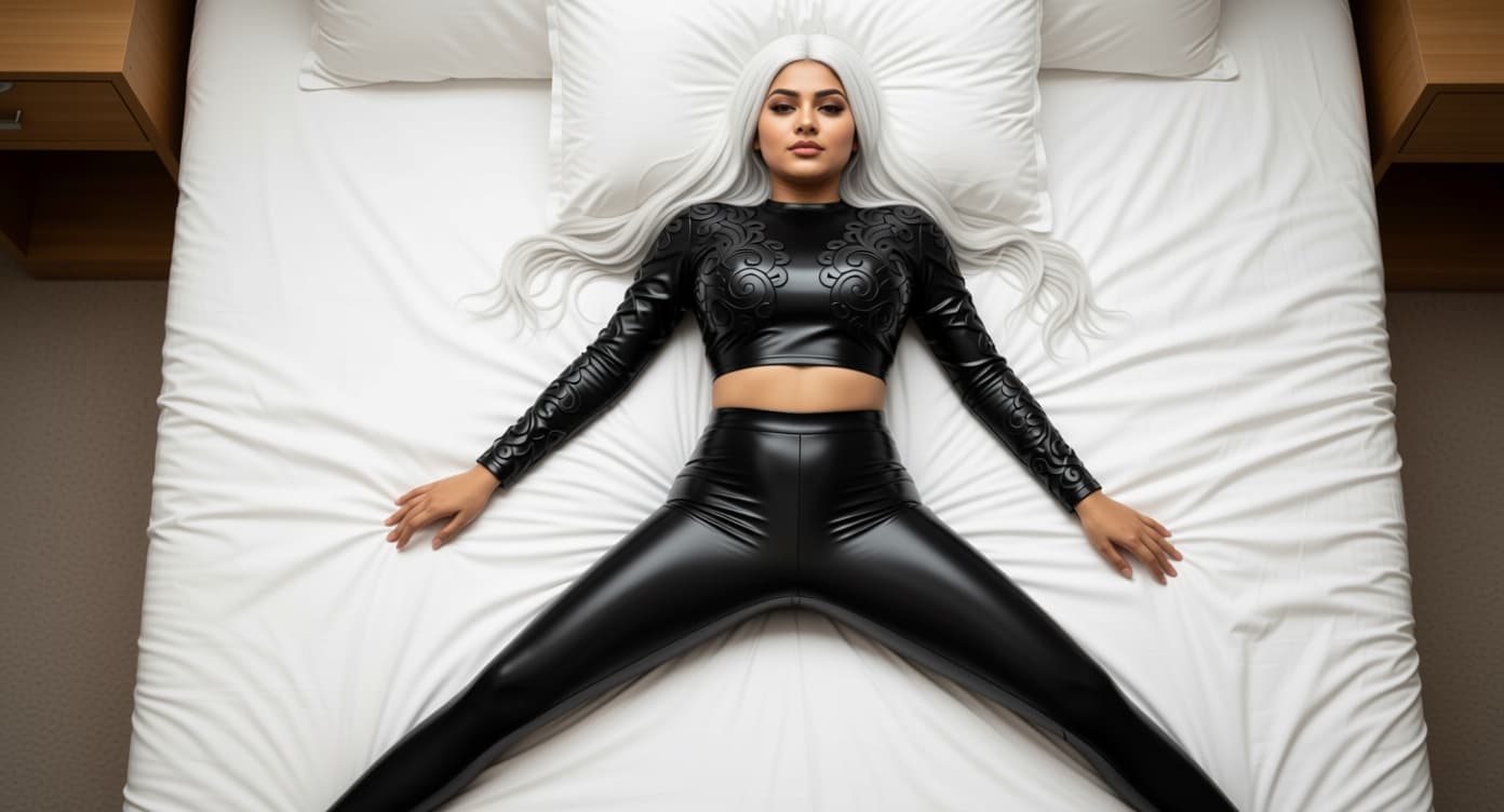 AI generated: NSFW, a beautiful woman, wearing tight latex panty and latex crop top, long white hair, intricate de...