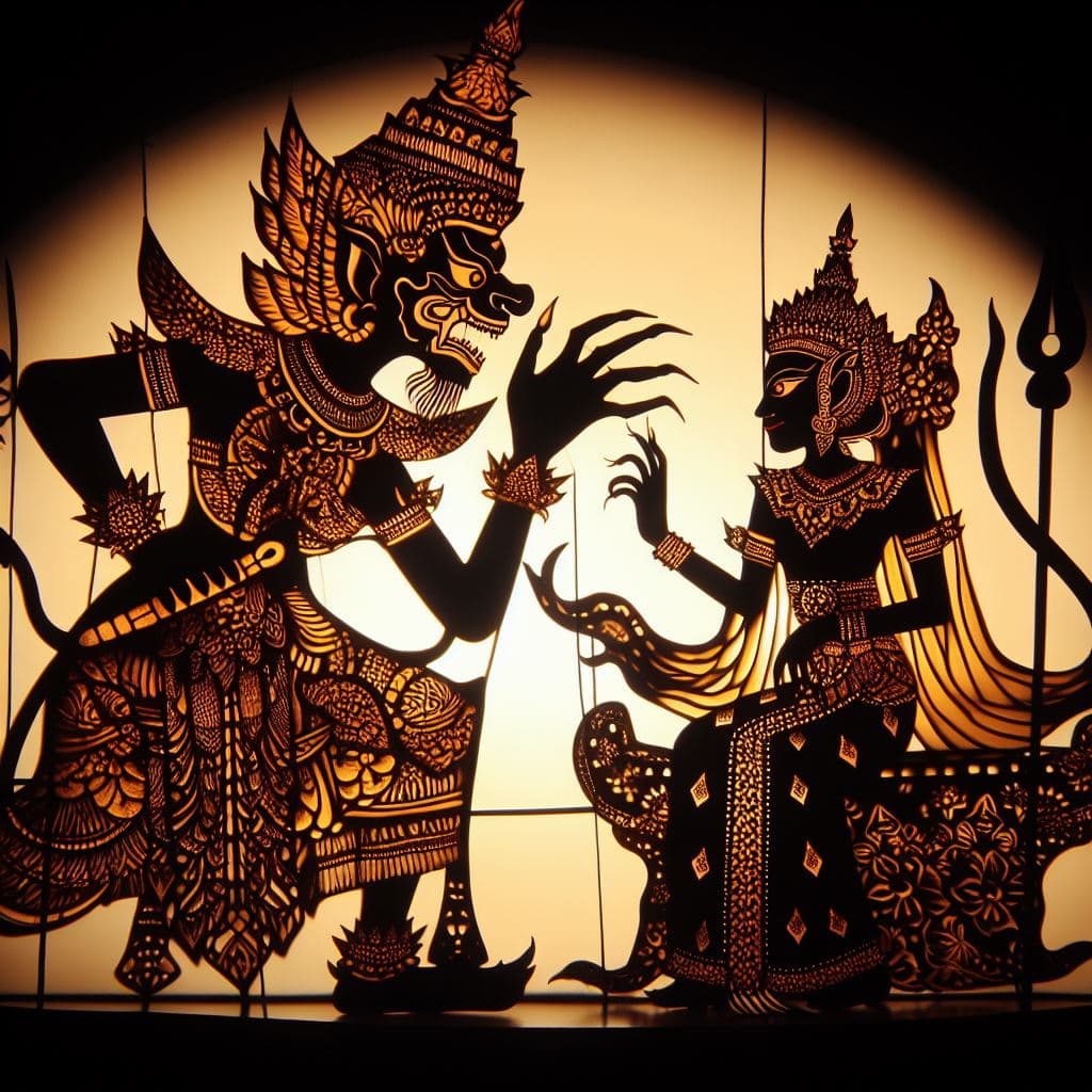 AI generated: Indonesian shadow theater play, figures of a demon and a princess, backlit