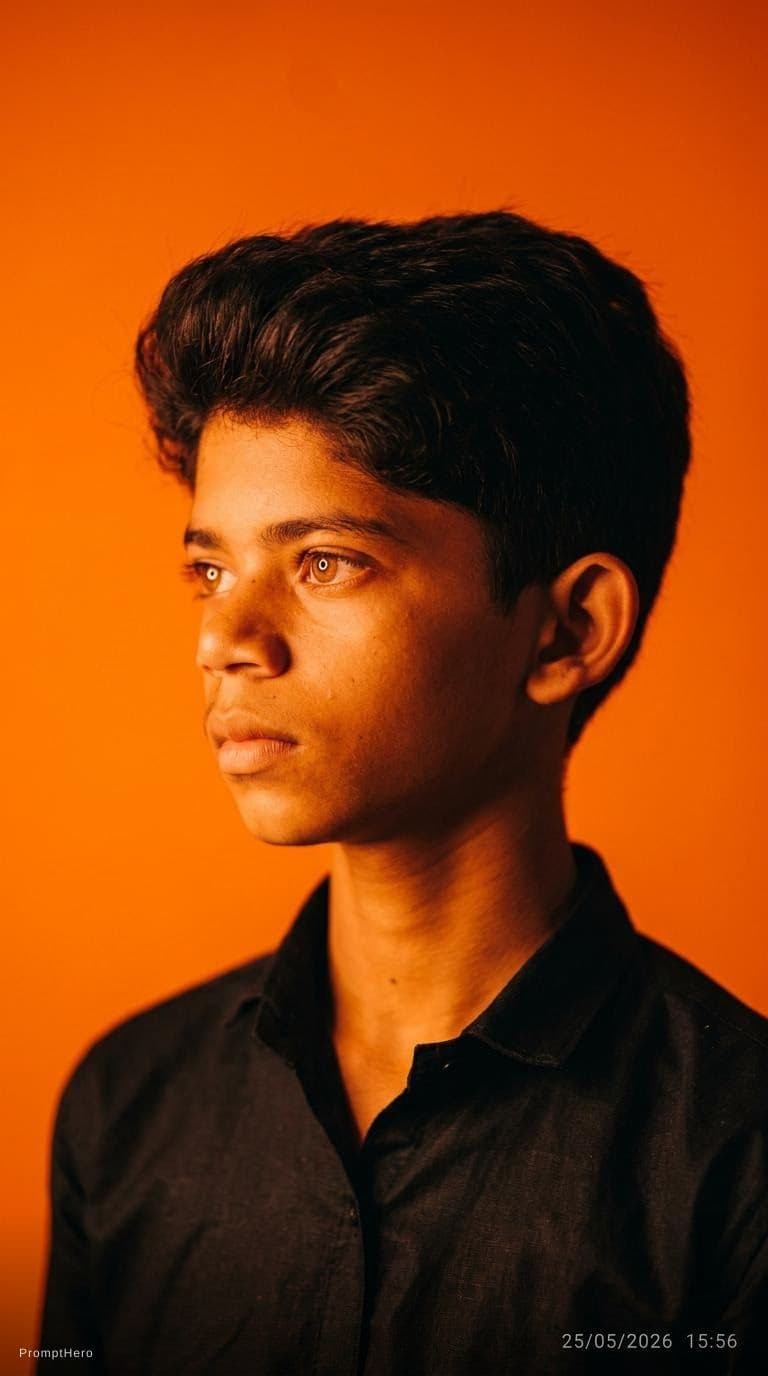 AI generated: editorial photography, side view, upper-body, nine years old boy model, background is solid orange, ...