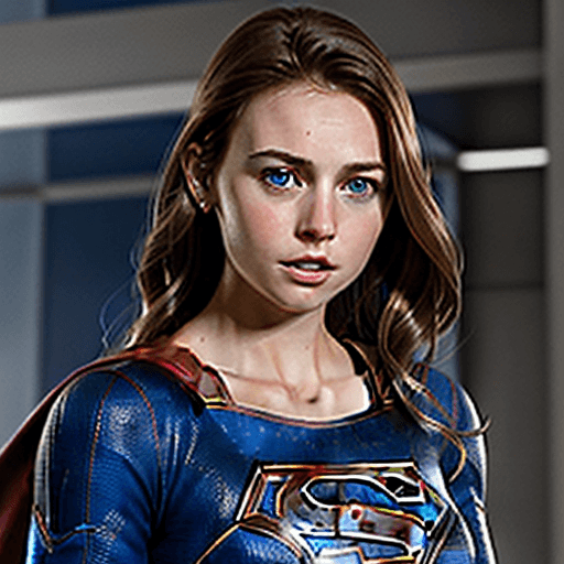 AI generated: Create a supergirl inspiration. She has brown hair, blue eyes. Her suit is white and gold and moulds...