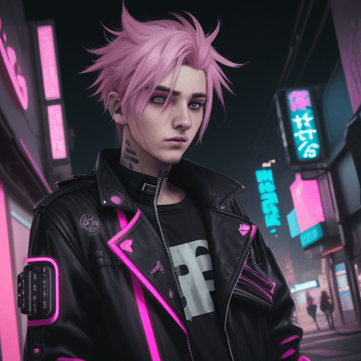 AI generated: A man with a cute face, and sleepy beautiful eyes, wearing a black jacket, bright-colored neon pink ...