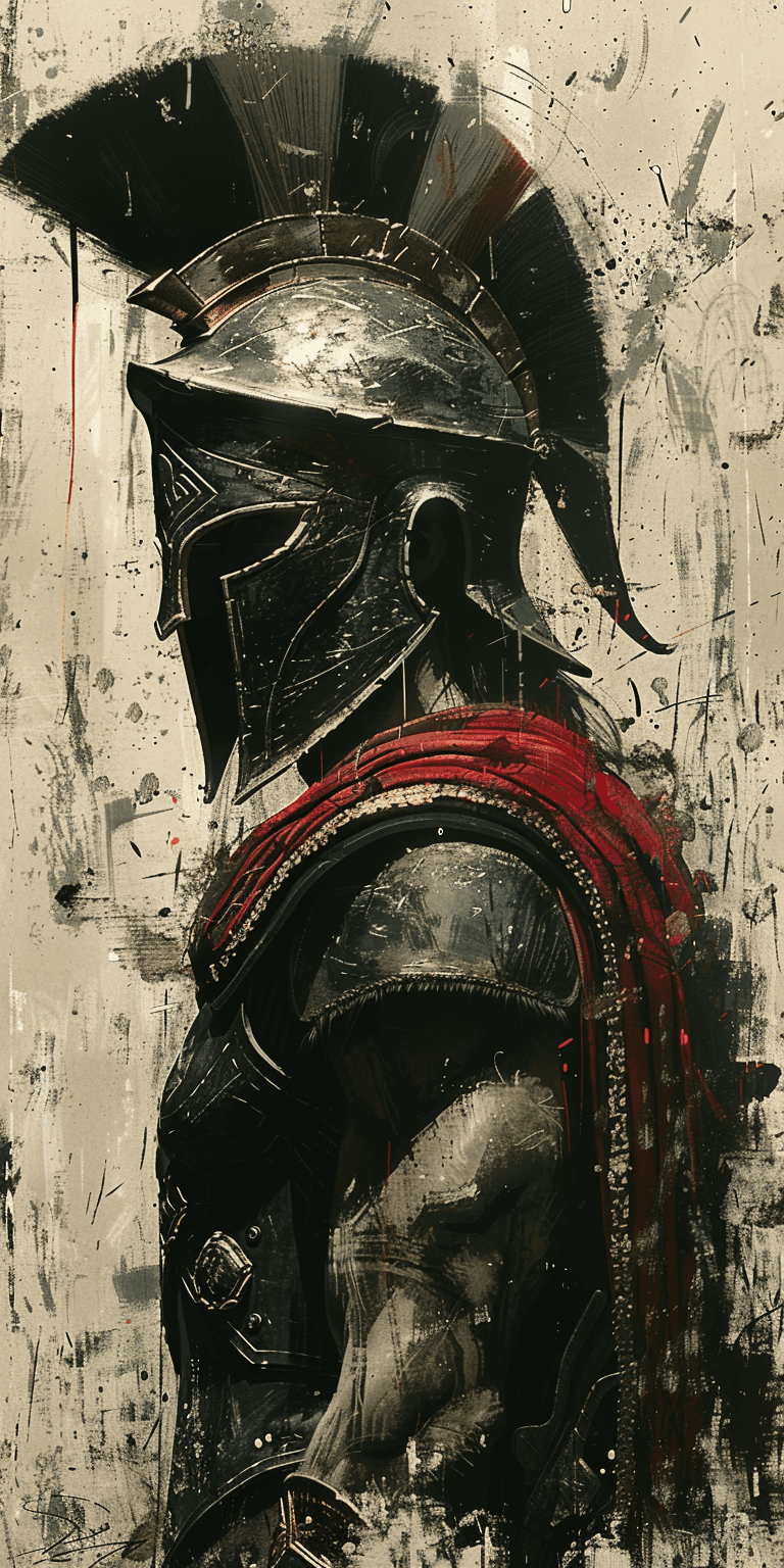 AI generated: Ink painting of an ancient Greek soldier in black and white, wearing a helmet with a plume on his he...