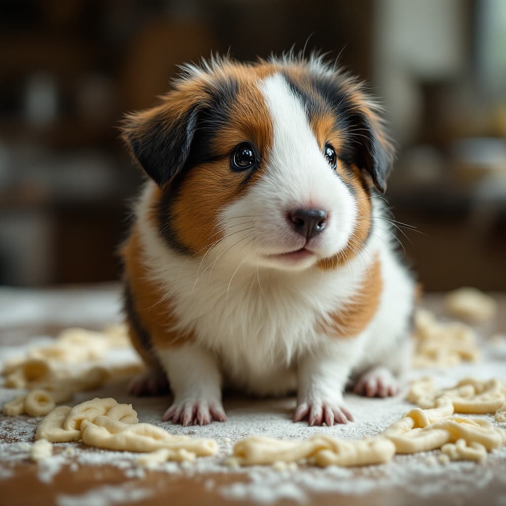 AI generated: hybrid of a guinea pig head fused to a puppy body, on a professional kitchen table covered in puff p...