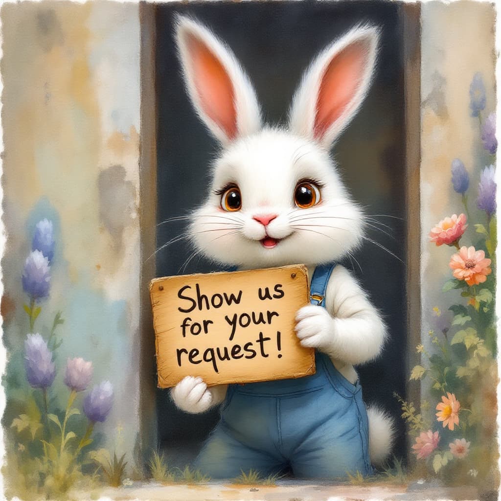 AI generated: Watercolors. With thin brushstrokes on a rough canvas, an anthropomorphic, white, fluffy, cute rabbi...
