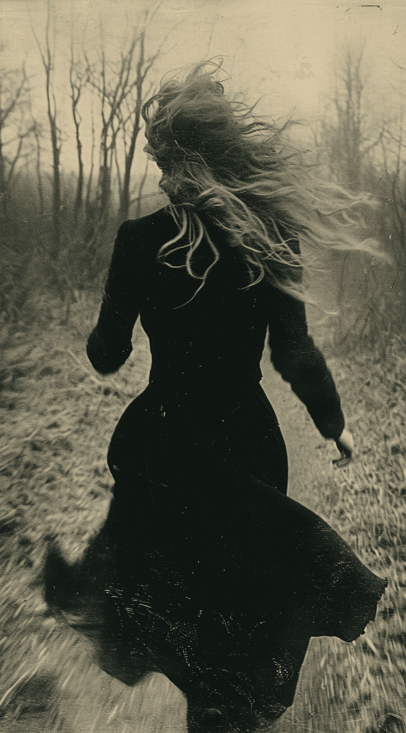 AI generated: an image of a girl dressed in black running through the woods, in the style of enigmatic portraits, ...