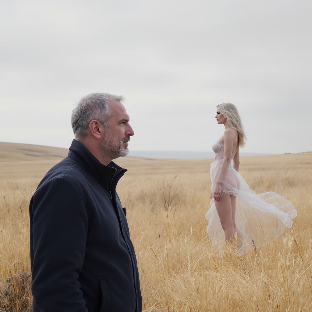 AI generated: a man in his 40s, disappointed in love, looks into the distance where a beautiful blonde woman dress...