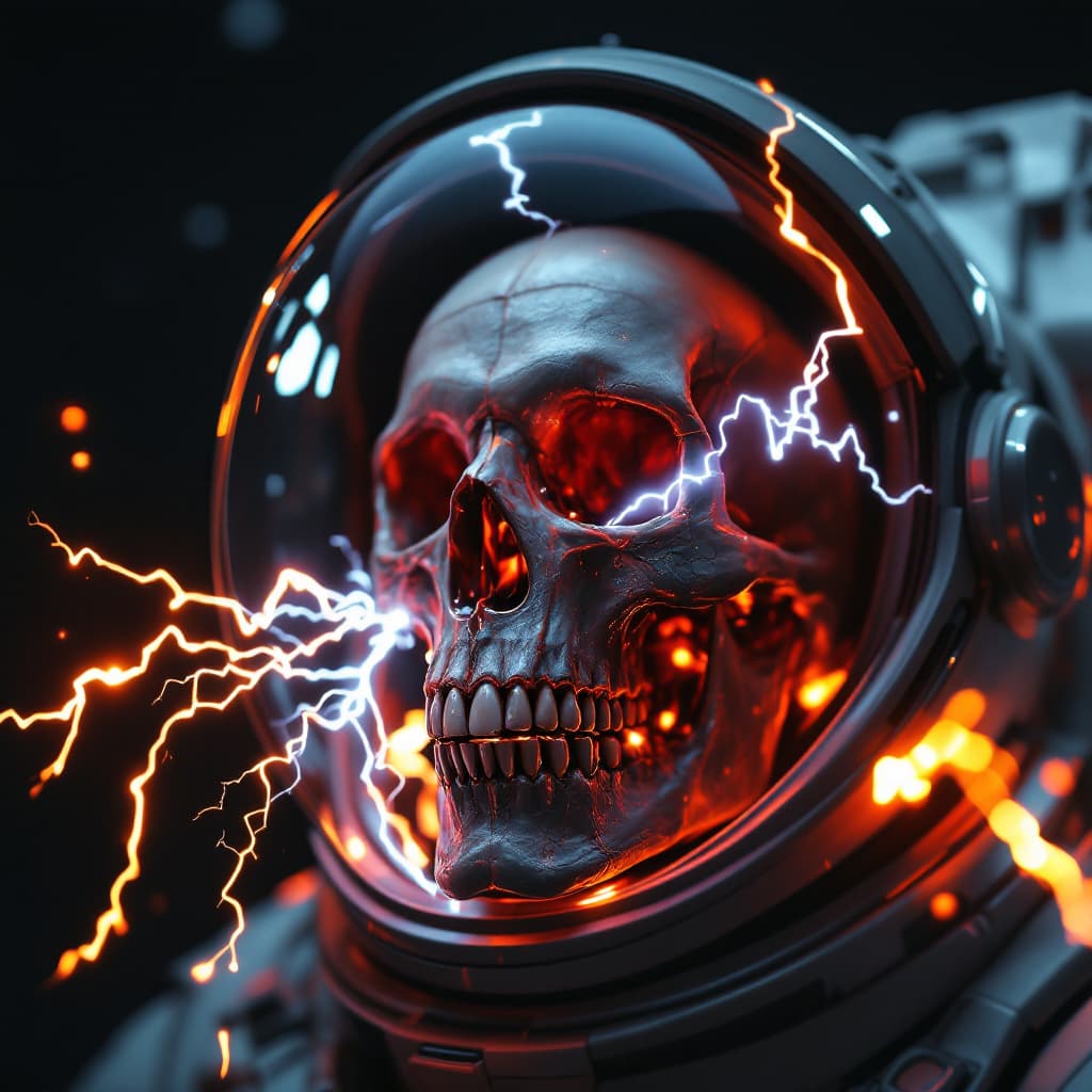 AI generated: astronaut open helmet, human skull, perfect teeth, lightning coming out of the open mouth, futuristi...