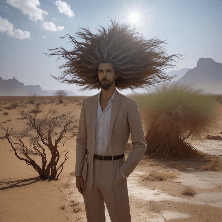 AI generated: A phenomenal depiction of a unique man standing tall in a street. His hair resembles a tree with sma...