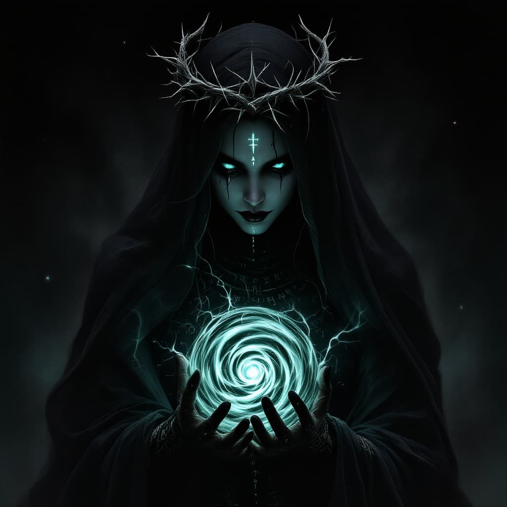 AI generated: A dark sorceress cloaked in shadows, with glowing runes etched into her skin and a crown of thorns, ...