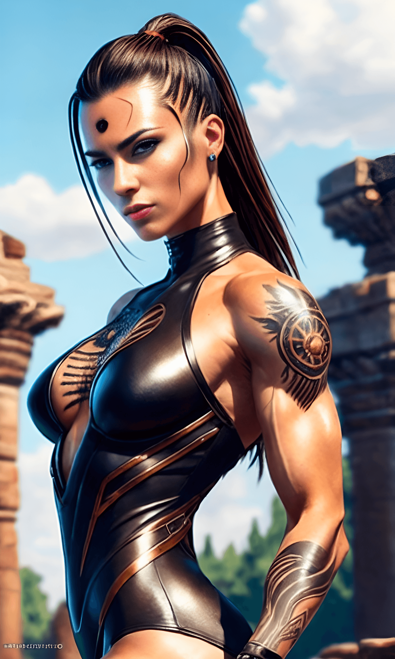AI generated: A portrait of muscular futuristic Female Tattooed Fighter, long black ponytail hair, detailed vivid ...