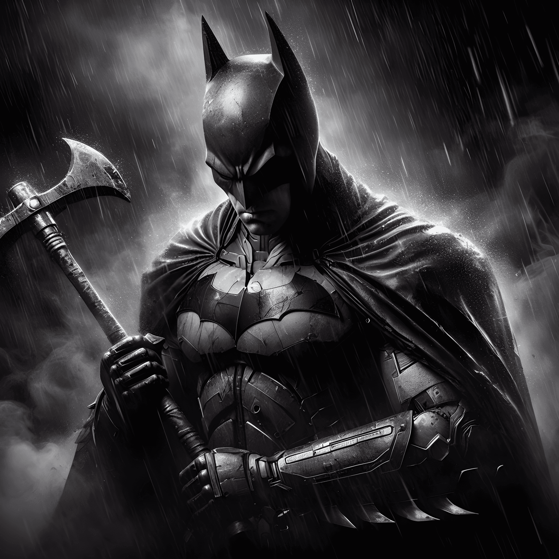 AI generated: batman vengeance, Monochromatic photography, Digital manipulation/High-contrast post-processing, Con...