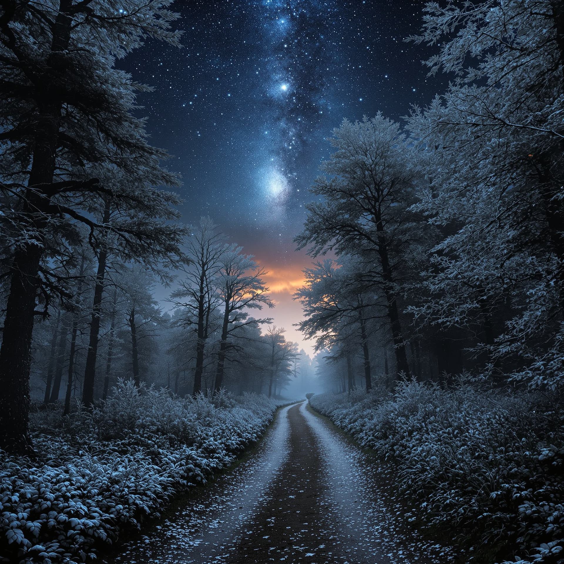 AI generated: Un camino que se pierde en un bosque con niebla o una vista del cielo nocturno estrellado
