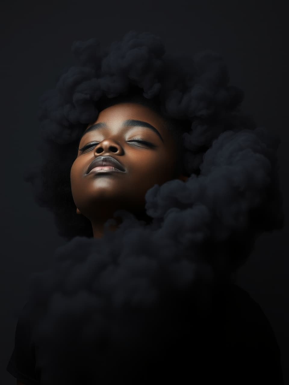 AI generated: Cottony black clouds, resembling smoke or mist, The background is a muted, dark grey,