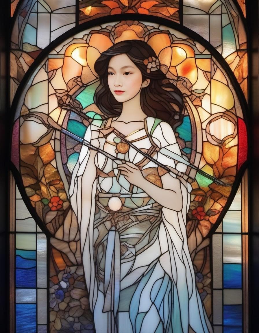 AI generated: masterpiece, artisan handcrafted stained glass ornament, stylized (cupid) sailor moon with bow and a...