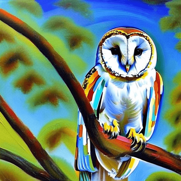 AI generated: Ralistic, ((Masterpiece, best quality)), cute barn owl perching on branch in dream park, in full vie...