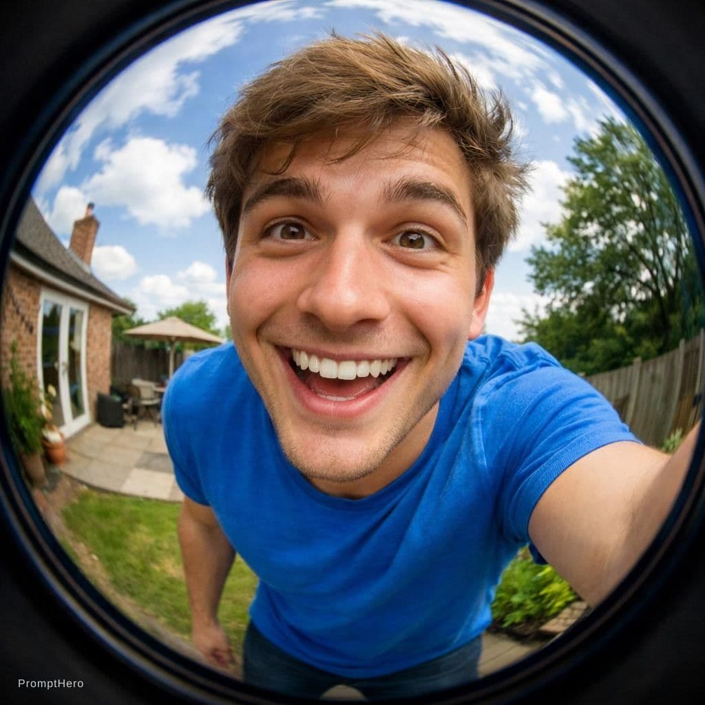 AI generated: generate fish eye of young man wearing a blue tishirt