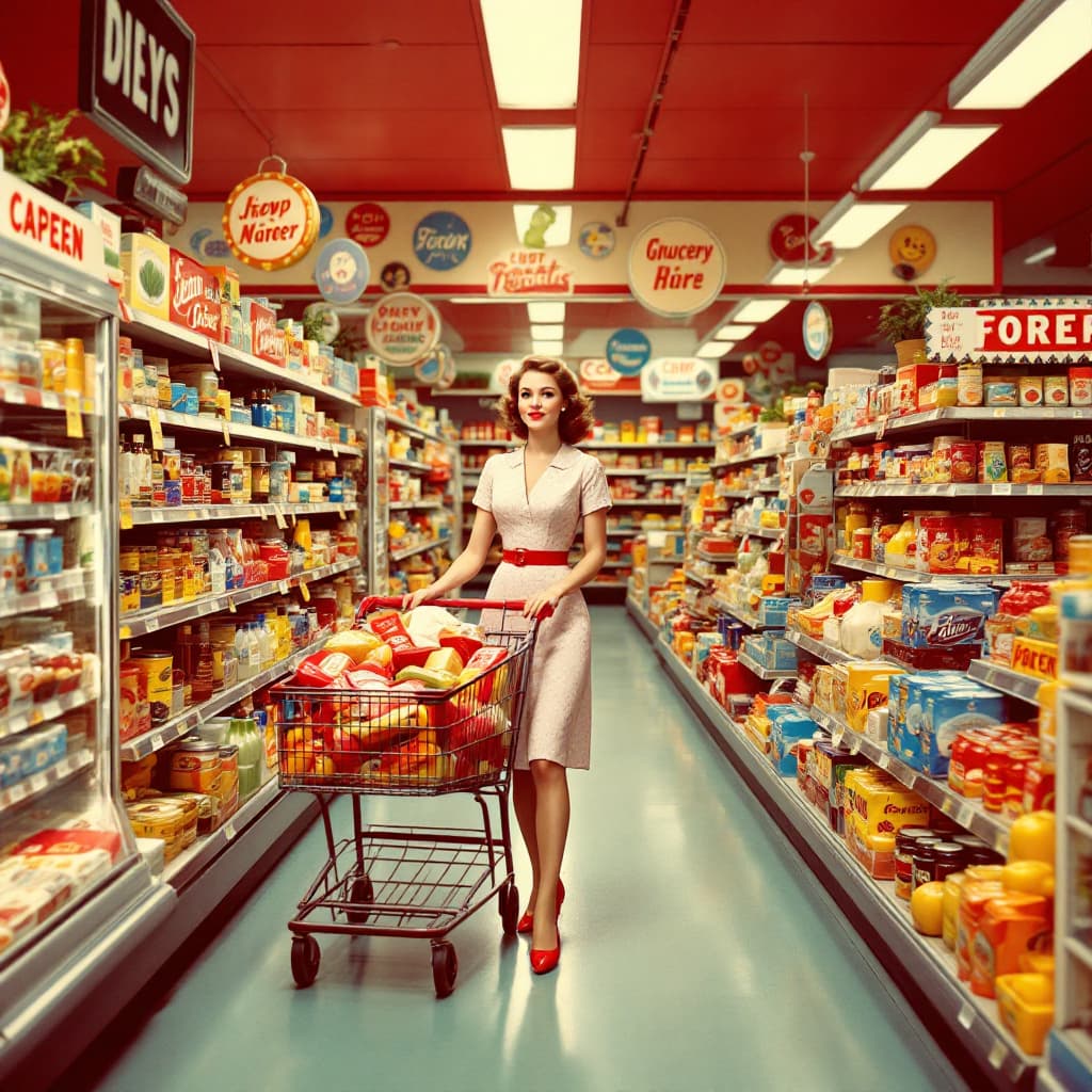 AI generated: A nostalgic scene set in a 1950s grocery store, featuring a woman elegantly walking down the colorfu...