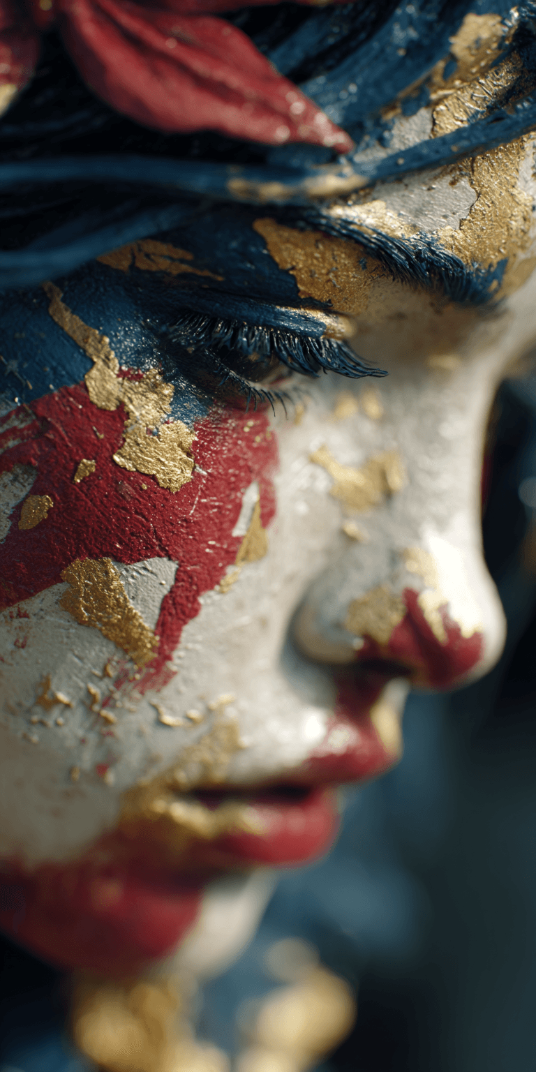 AI generated: beautiful red, blue and gold makeup on a woman, in the style of Venetian scenes, hyperrealistic scul...