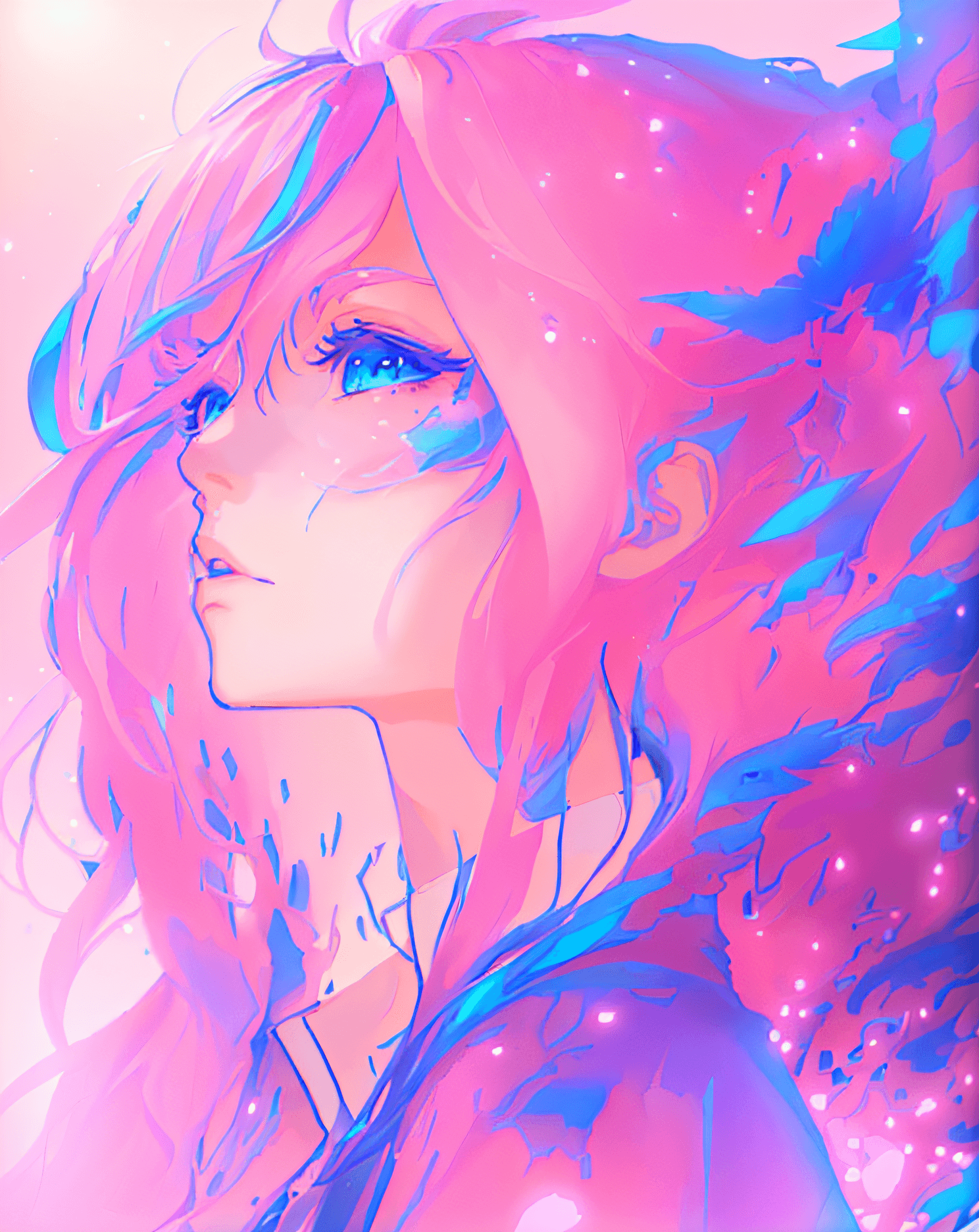 AI generated: a woman with pink hair and blue eyes is staring at the sky, anime art wallpaper 4 k, anime art wallp...