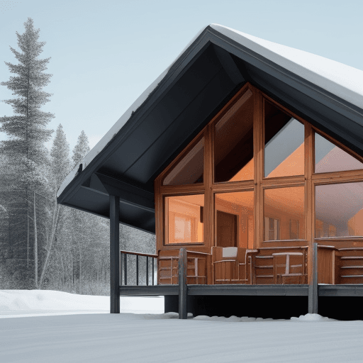 AI generated: cabin in the mountain , valley view one story , Alvar AAlto style
