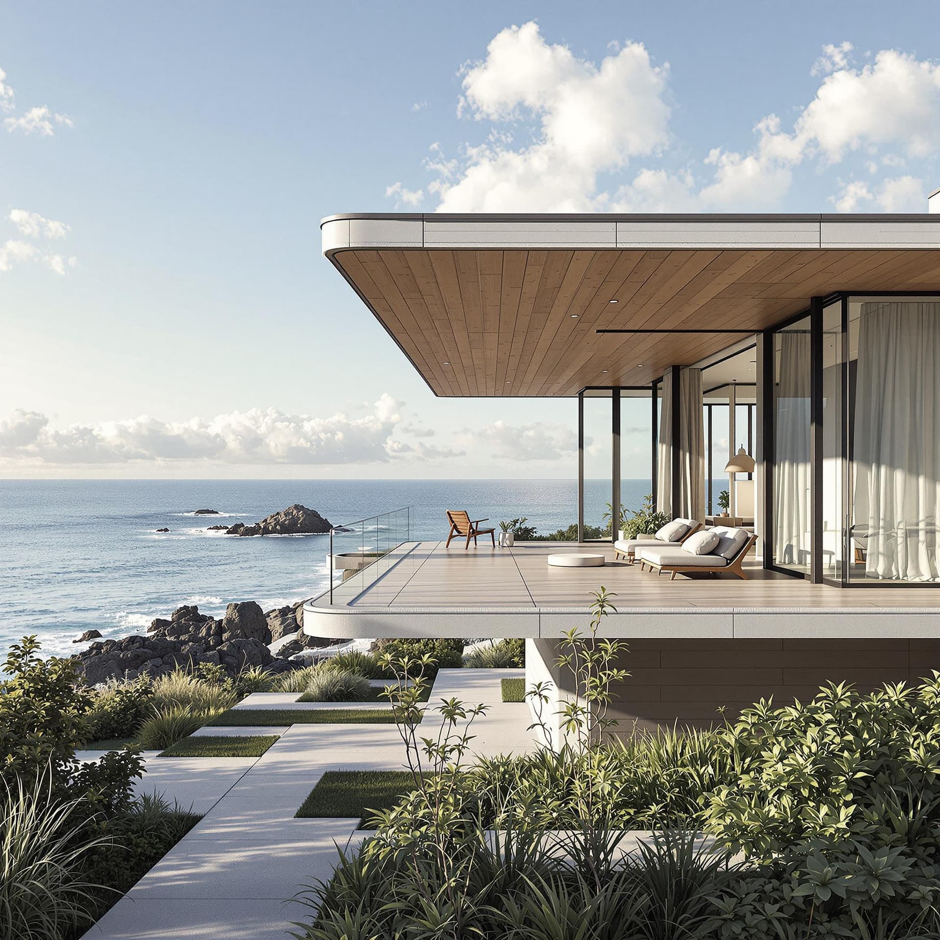 AI generated: Hyper realistic eye level exterior photo of a mid century modern style house overlooking the ocean, ...