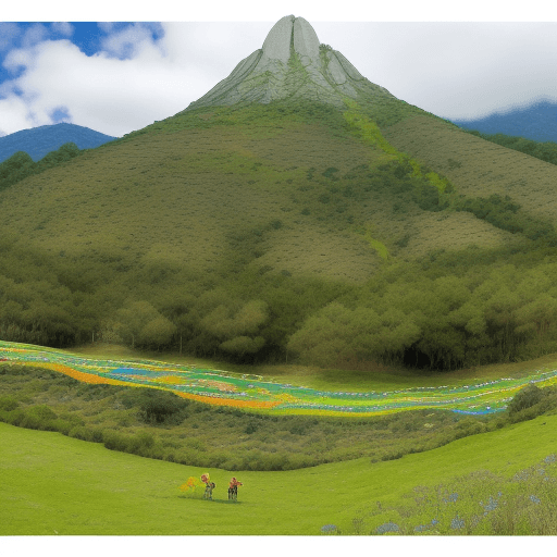 AI generated: una mariposa con arboles y cerro lleno de pasto verde y rayas  de colores