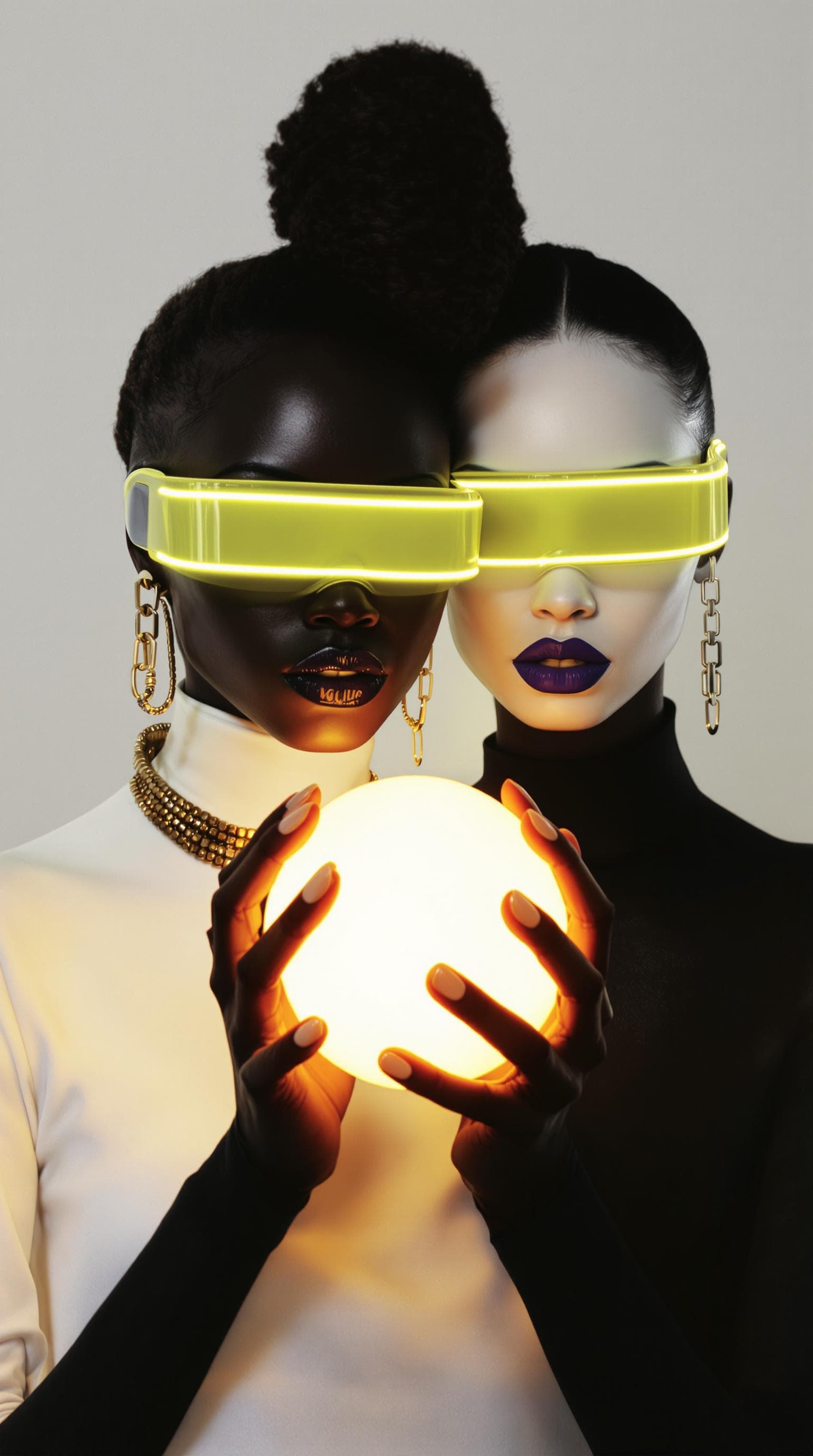 AI generated: Two women with contrasting skin tones black skin white skin and elegant gold jewelry pose gracefully...