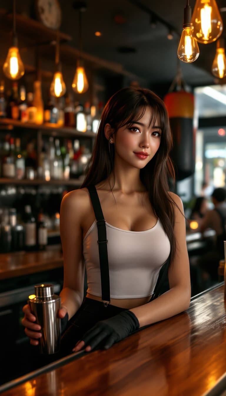 AI generated: A photorealistic candid shot of a strong, athletic, beautiful Japanese young woman bartender with lo...
