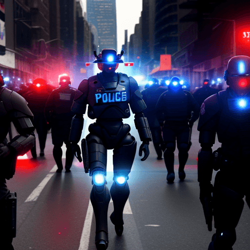 AI generated: Dystopia black militarized police robots in the United States, and New York City, while people walk ...