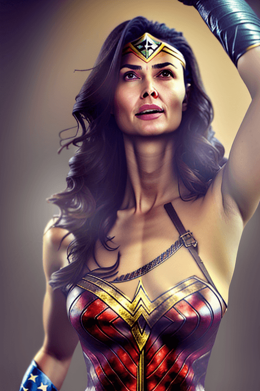 AI generated: Turkish Wonder Woman, happy, tattoo, metal lingerie, (tattoos), (full length of body visible), looki...