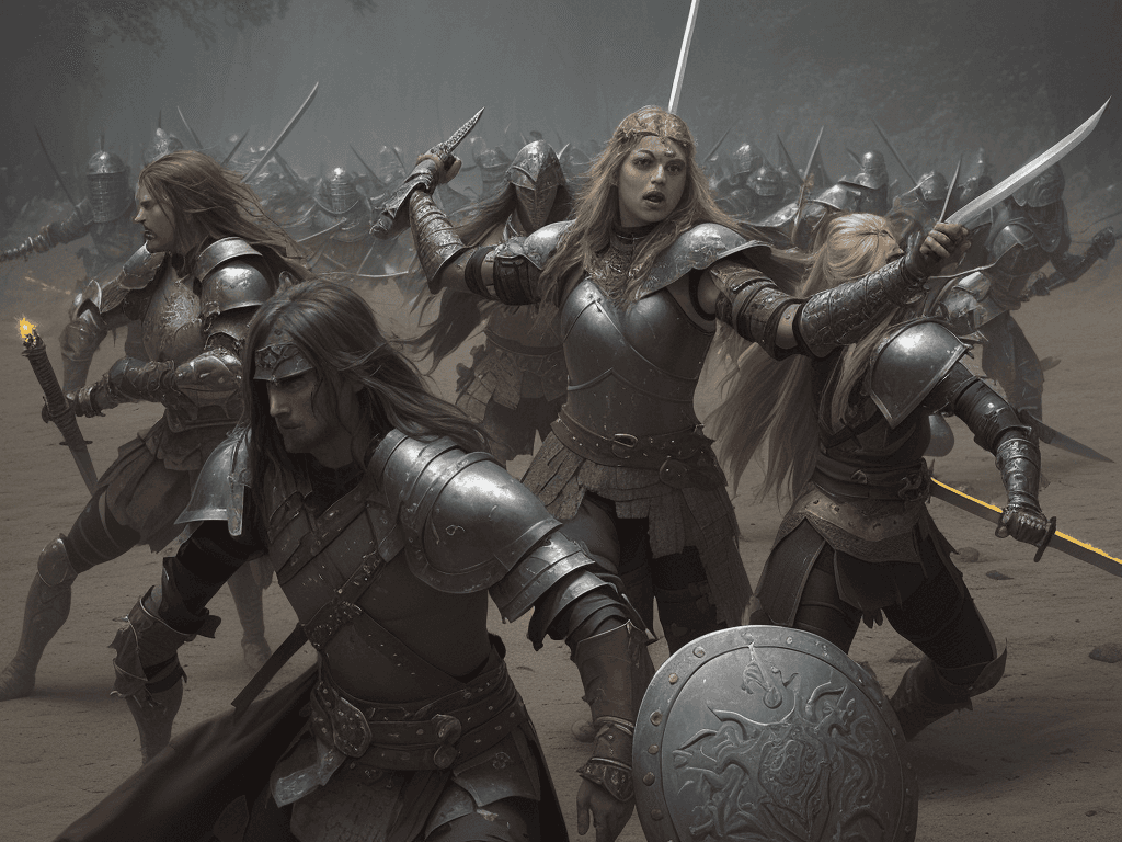 AI generated: a battle scene, showcasing a group of warriors engaged in combat against a formidable foe. The warri...