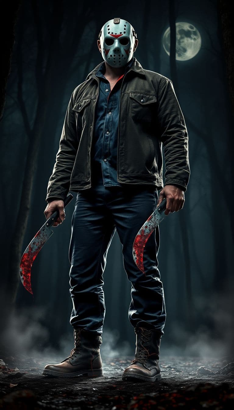 AI generated: “Epic, photorealistic full-body image of Jason Voorhees standing powerfully in a sinister, dimly lit...