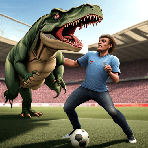 AI generated: Hombre humano con cabeza de dinosaurio Trex jugando al futbol